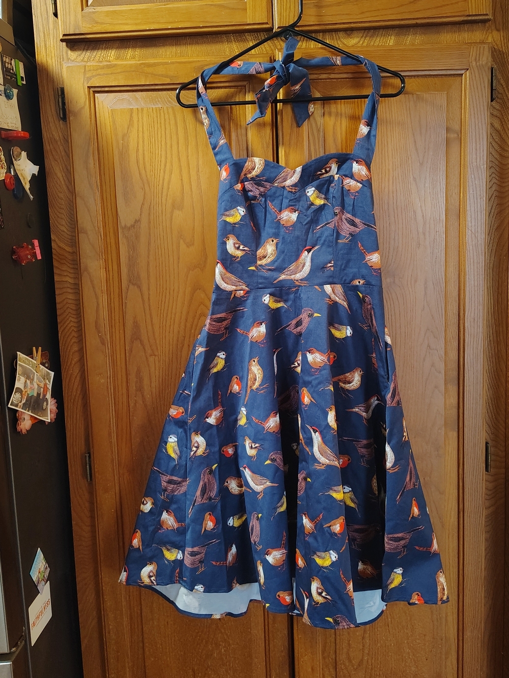 Topdress Sz M Blue Birds Halter Tie Neck Dress Laced Elastic Back Zipper Retro